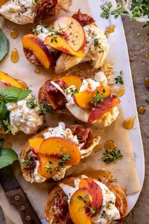 Peach and Burrata Bruschetta with Basil and Balsamic Glaze