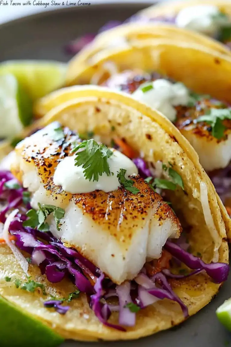 Pan-Seared Fish Tacos with Avocado Crema and Cabbage Slaw