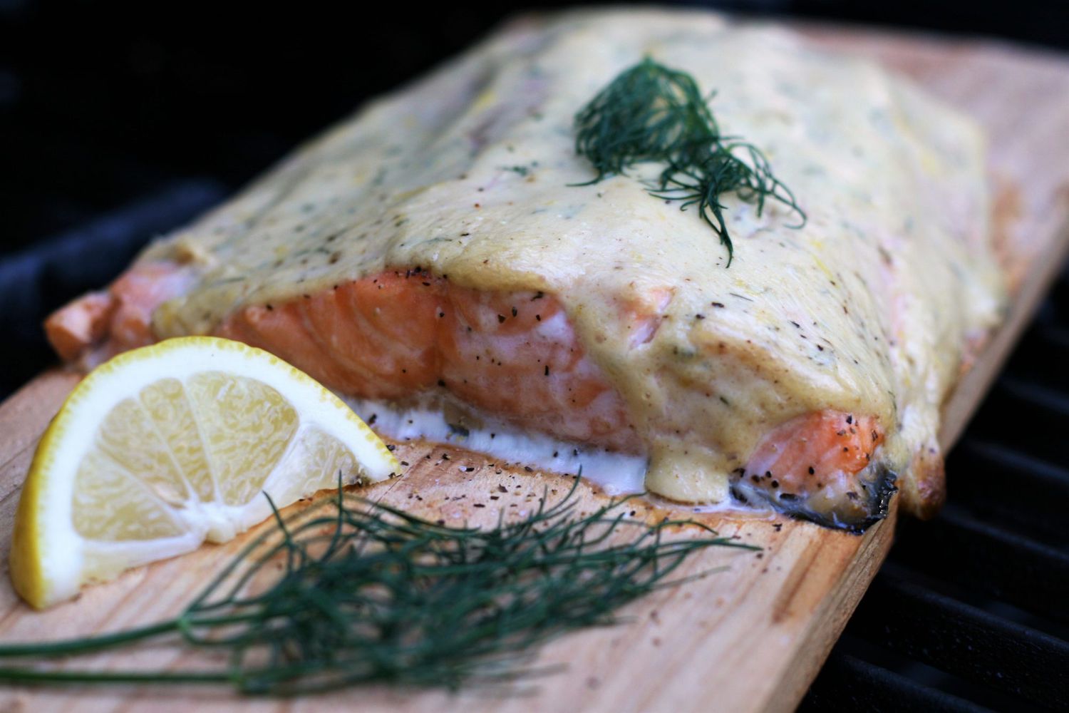 Cedar-Planked Salmon with Roasted Asparagus and Lemon-Dill Sauce