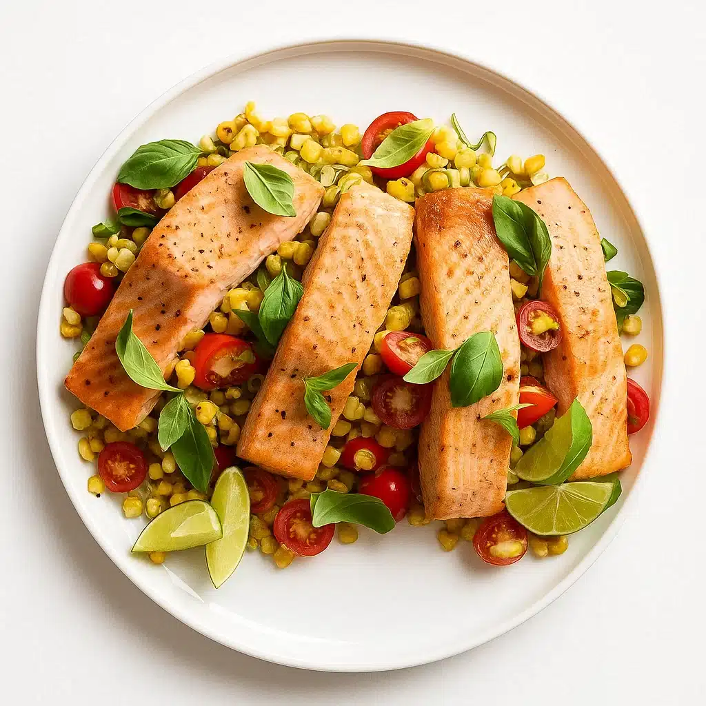 Pan-Seared Salmon with Charred Corn and Cilantro-Lime Rice
