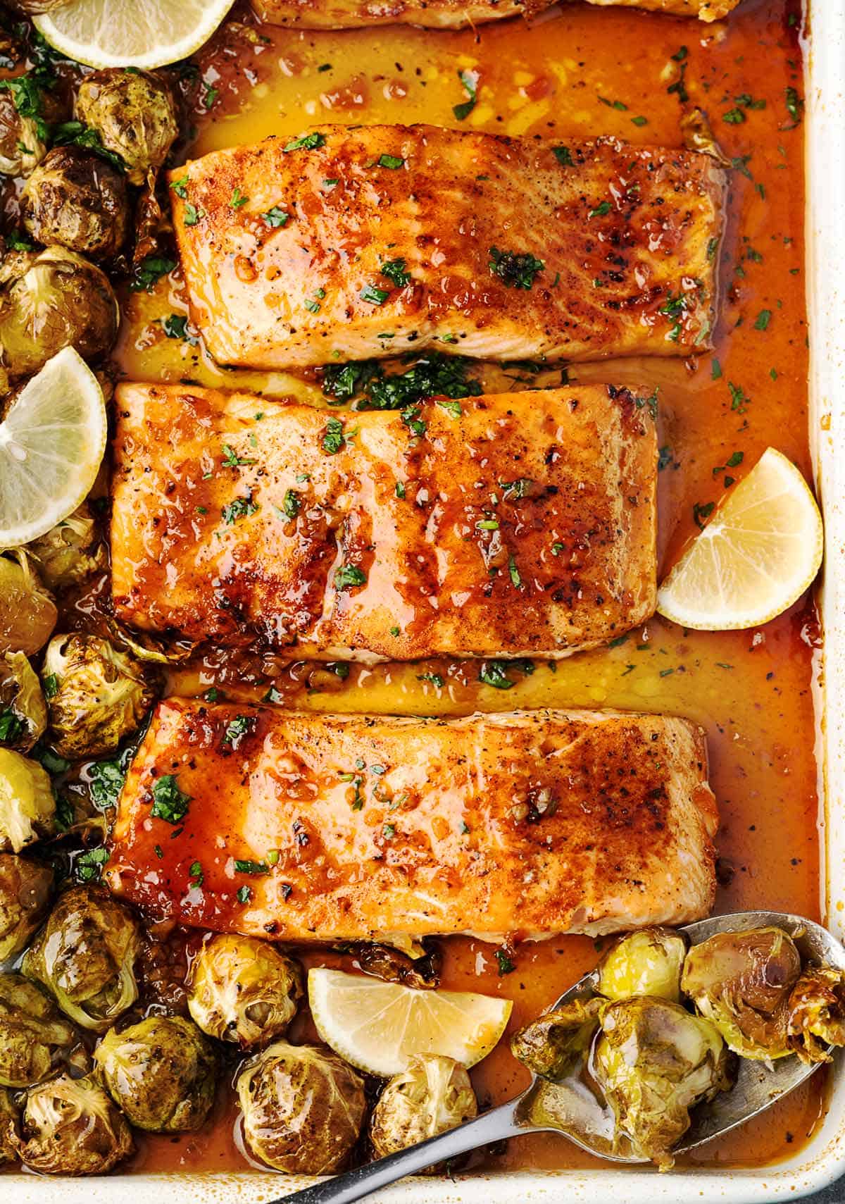 Pan-Seared Salmon with Roasted Brussels Sprouts and Garlic-Citrus Sauce