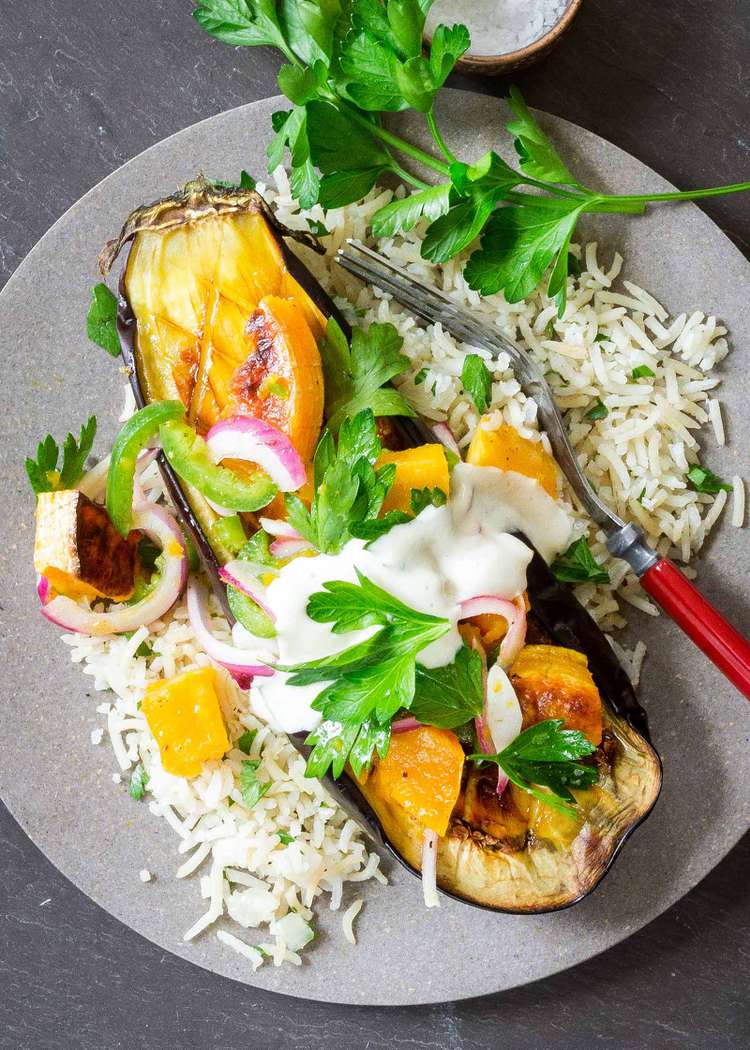 Spiced Grilled Eggplant with Tahini Yogurt Drizzle