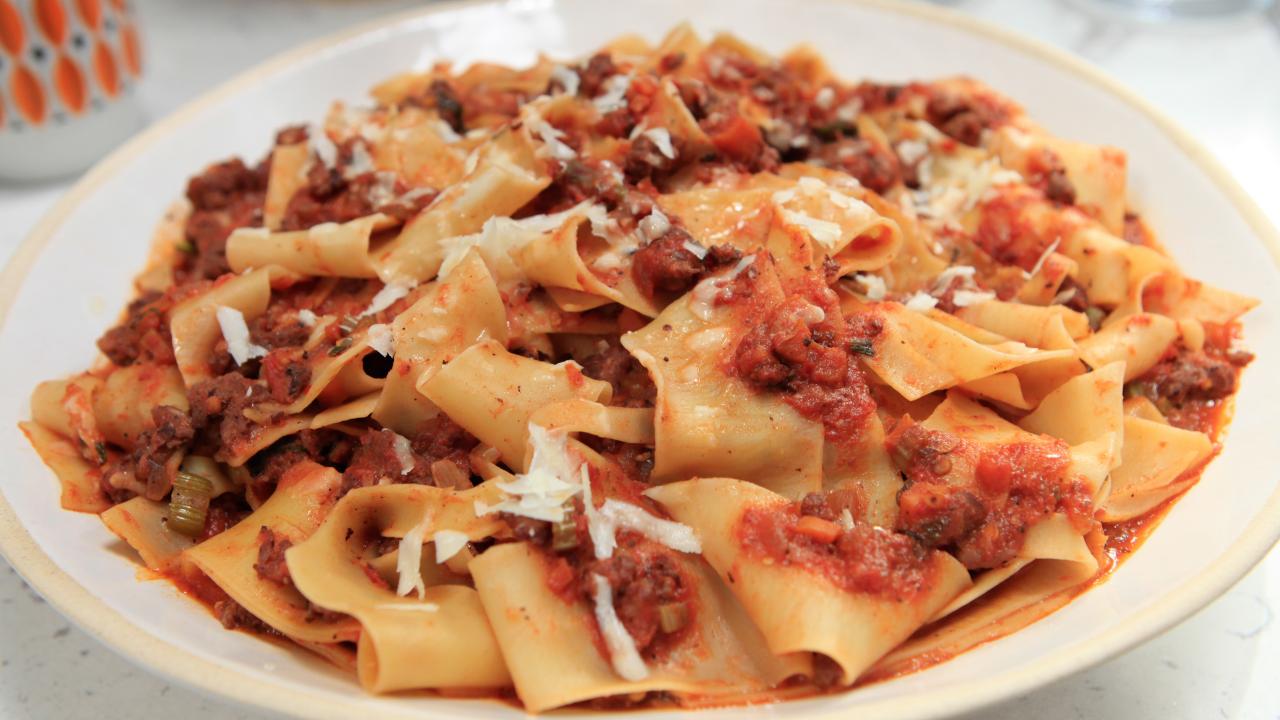 Pappardelle with Roasted Garlic Tomato Sauce and Italian Sausage