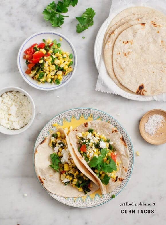 Charred Poblano and Roasted Corn Tacos with Cotija