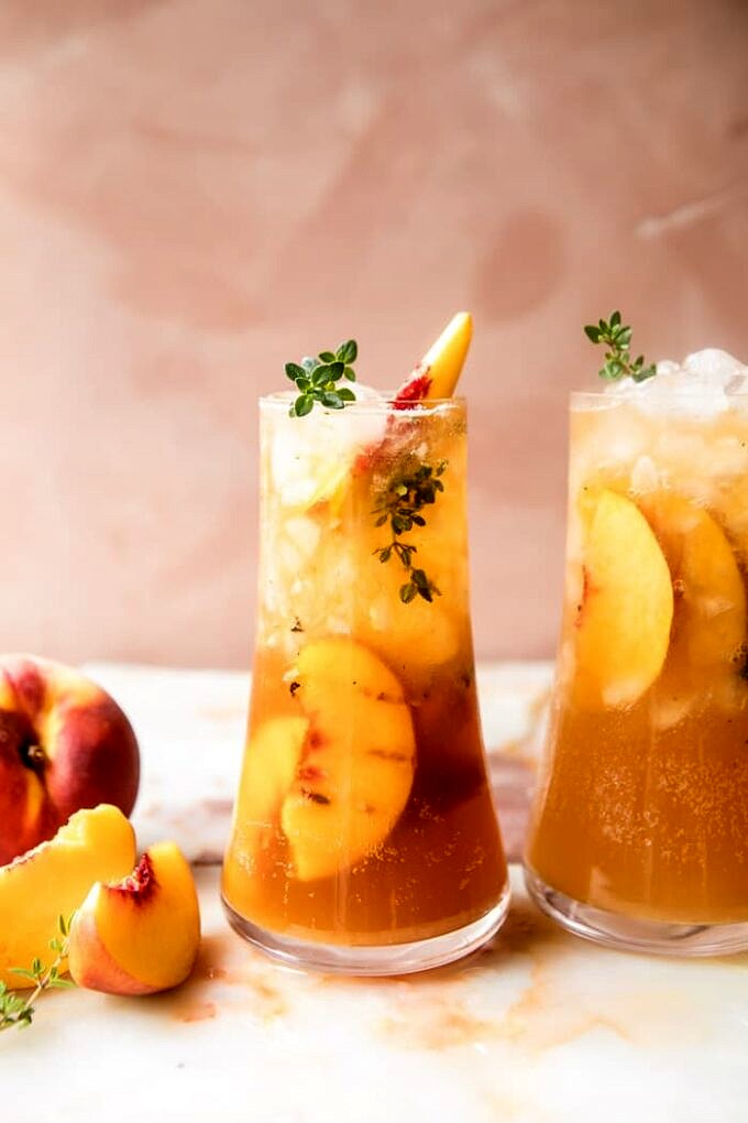 Ginger Peach Bourbon Punch with Fresh Fruit