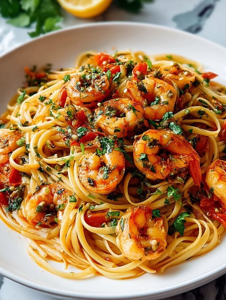Rustic Italian Shrimp Linguine with Garlic and Cherry Tomatoes