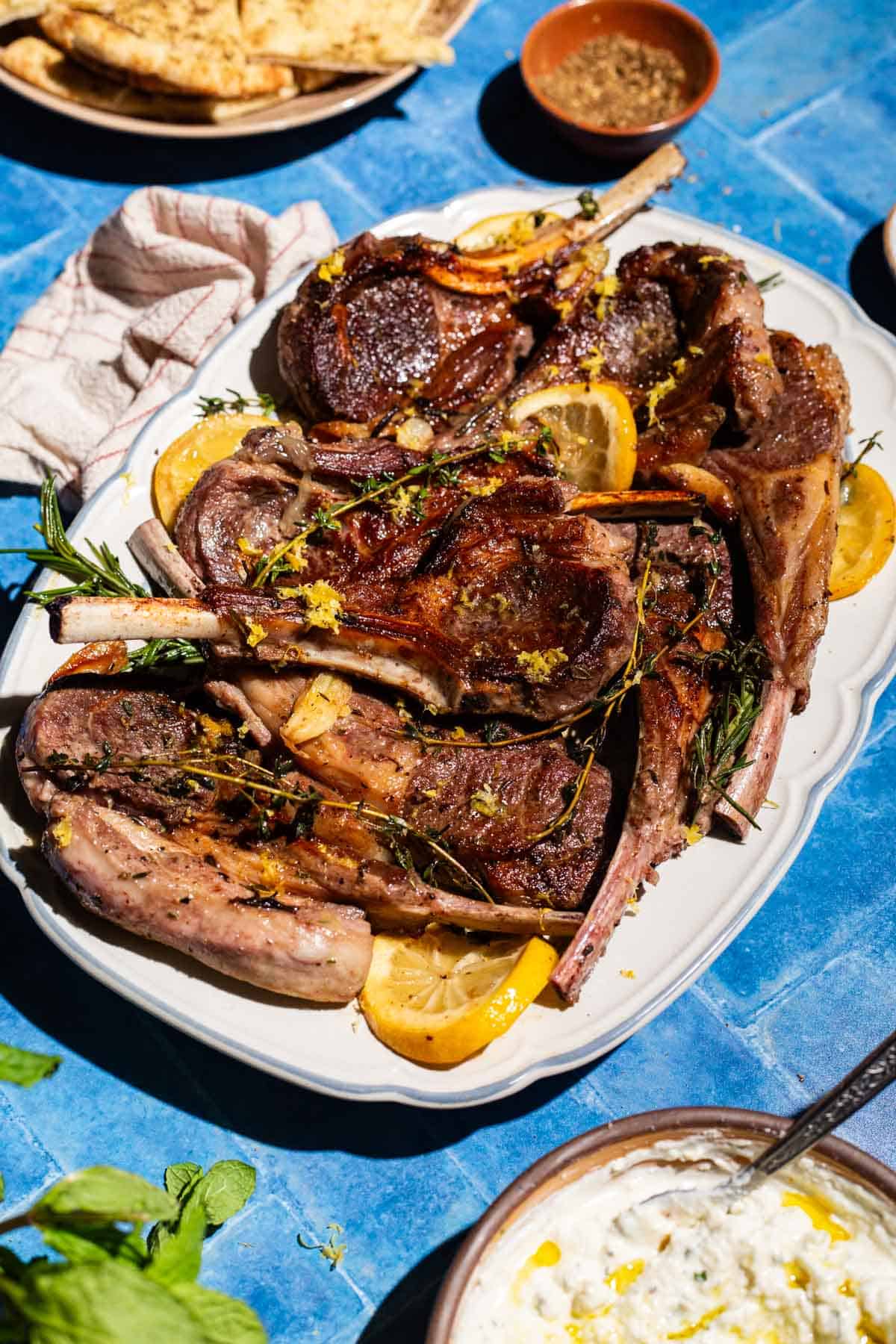 Pan-Seared Lamb Chops with Tzatziki and Lemon-Oregano Sauce