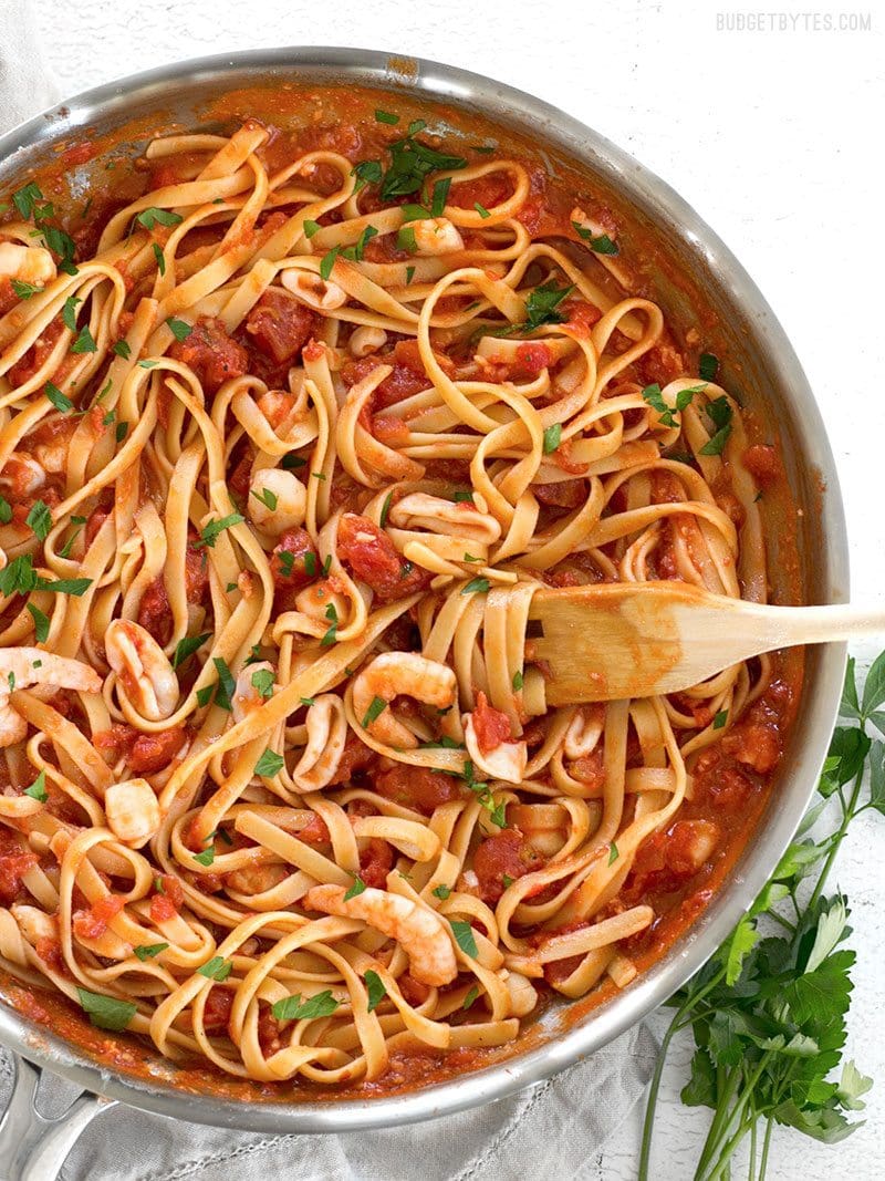 Spicy Italian Seafood Pasta with Garlic and Chili Flakes