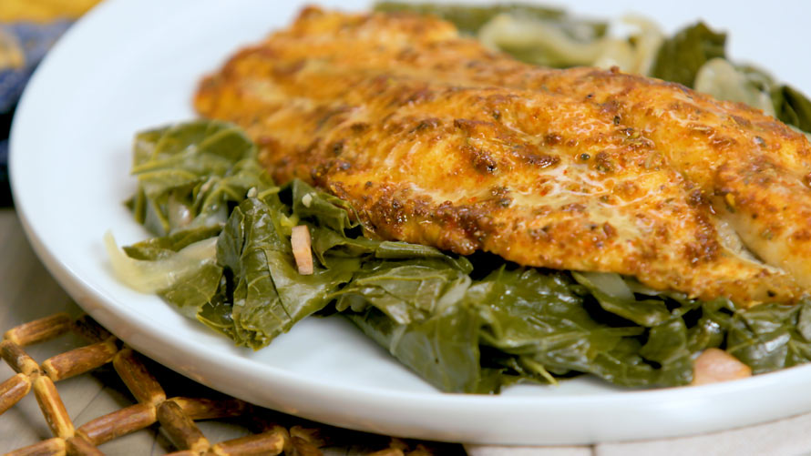 Pan-Seared Catfish with Cajun Butter and Sautéed Collard Greens