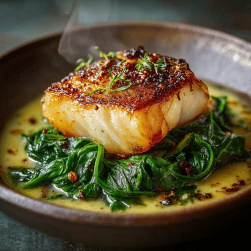 Pan-Seared Cod with Lemon-Garlic Butter and Wilted Spinach