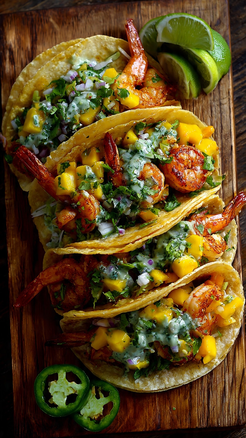Cilantro-Lime Shrimp Tacos with Mango Salsa and Avocado Crema