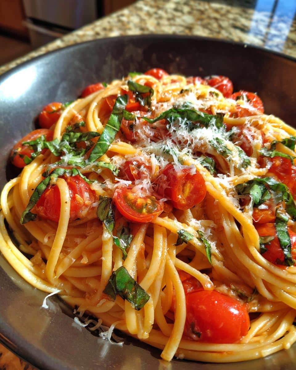 Italian One-Pot Tomato Basil Pasta with Garlic and Parmesan