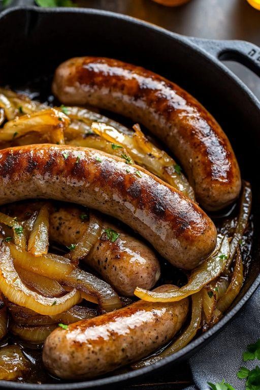 Beer-Braised Bratwurst with Caramelized Onions and Mustard