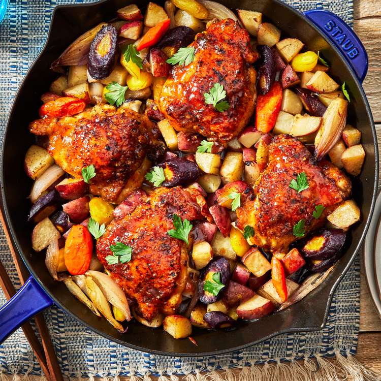Pan-Seared Chicken with Spiced Honey Glaze and Roasted Vegetables