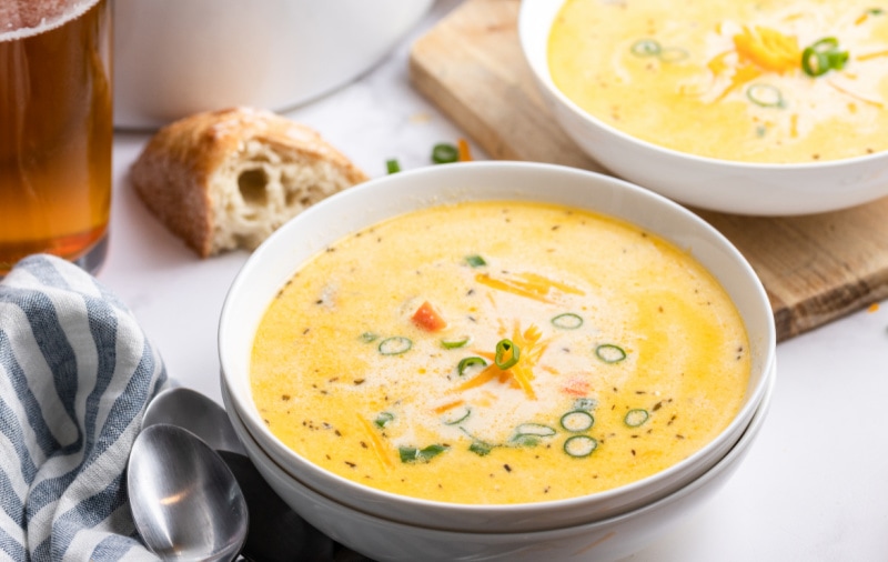 Milwaukee-Style Beer Cheese Soup with Pretzel Croutons