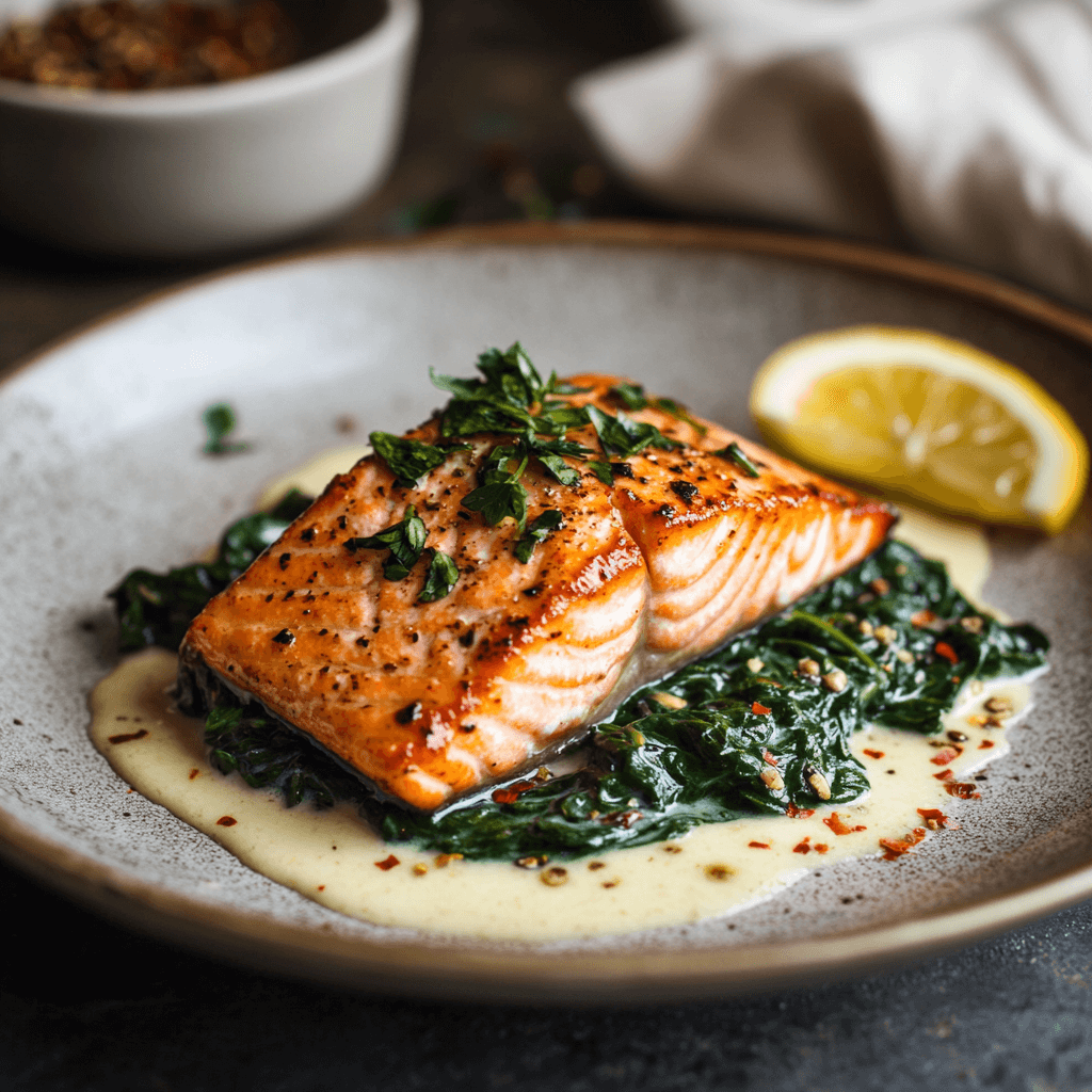 Pan-Seared Salmon with Maple-Mustard Glaze and Wilted Spinach