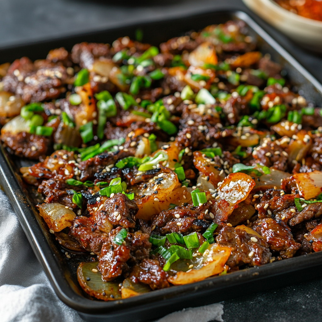 Sheet Pan Korean-Style Beef Bulgogi with Scallions