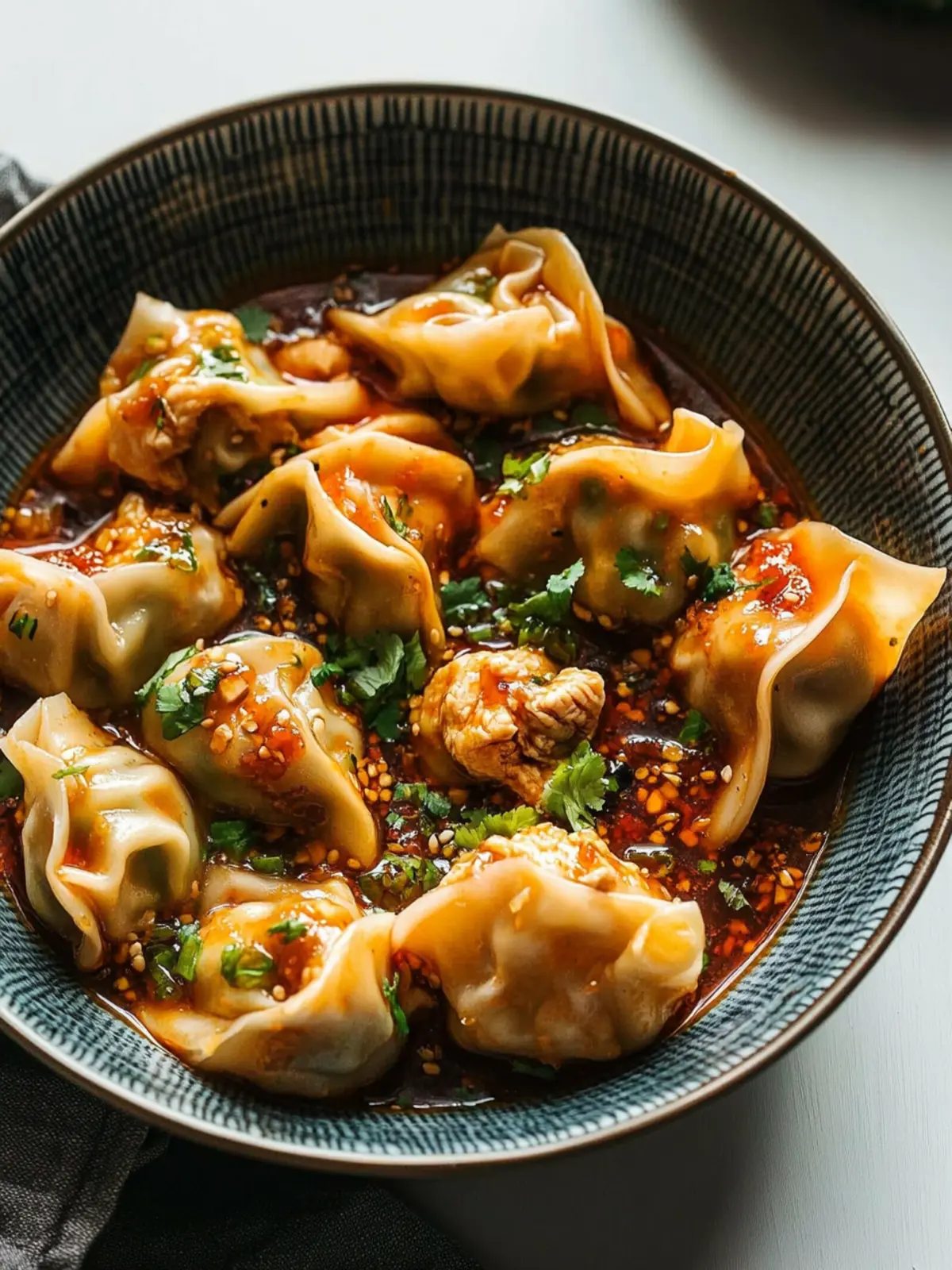 Chicken Wontons in Spicy Chili Sauce