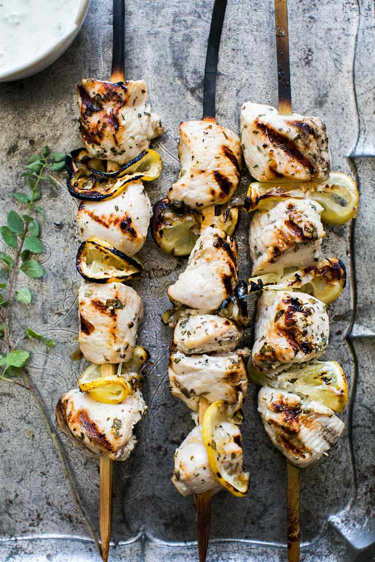 Grilled Lemon-Oregano Chicken Skewers with Tzatziki Sauce