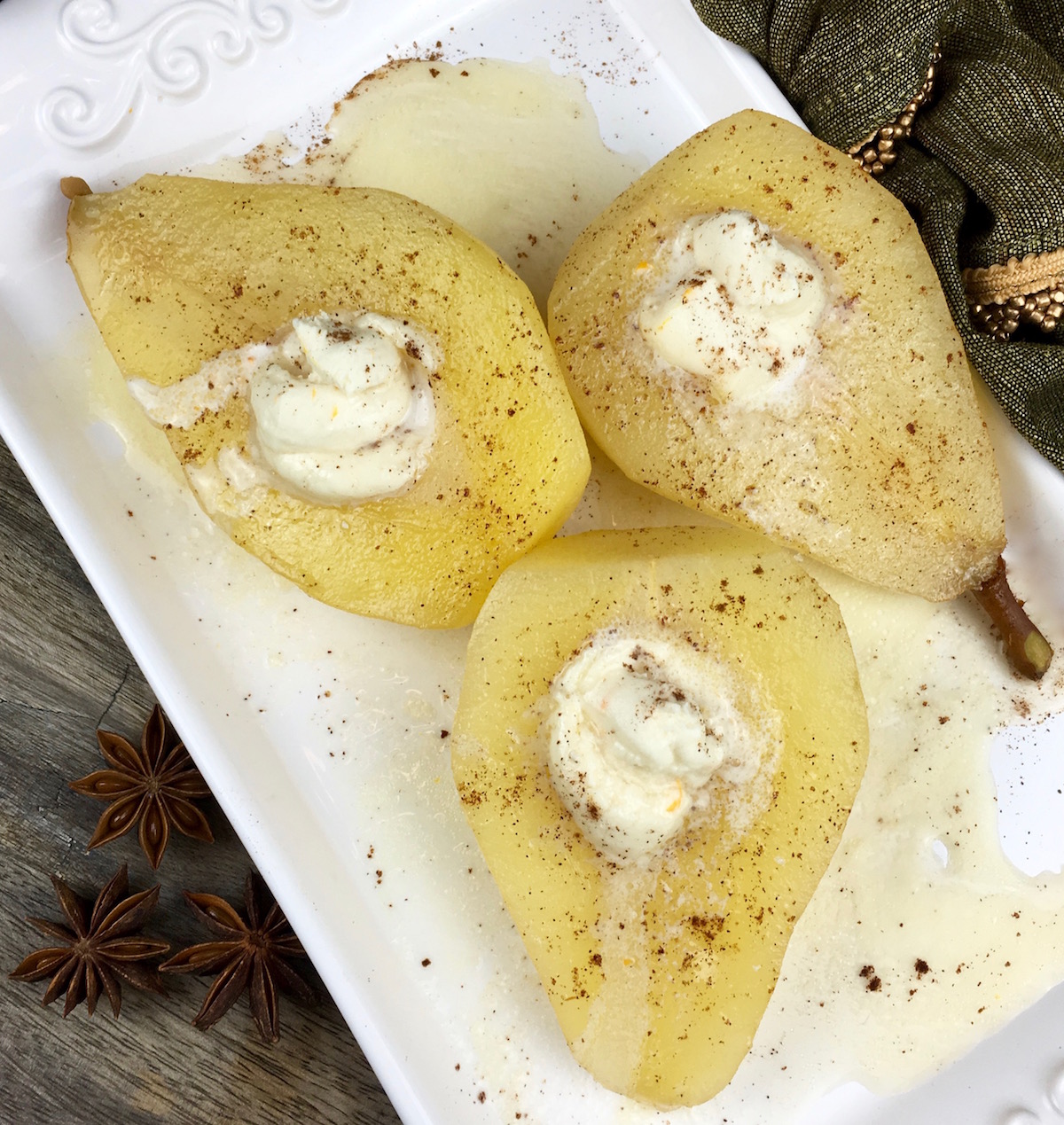 Honey-Spiced Poached Pears with Mascarpone Cream