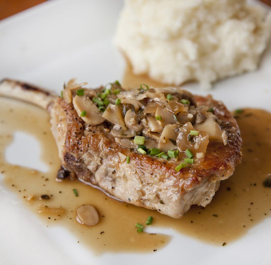 Pan-Seared Pork Chops with Silver Dollar Mushroom Sauce