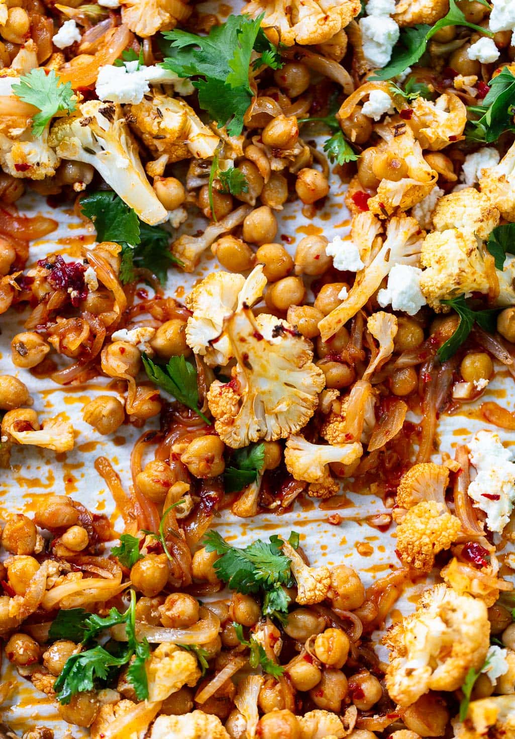 Sheet Pan Harissa-Spiced Roasted Cauliflower with Chickpeas