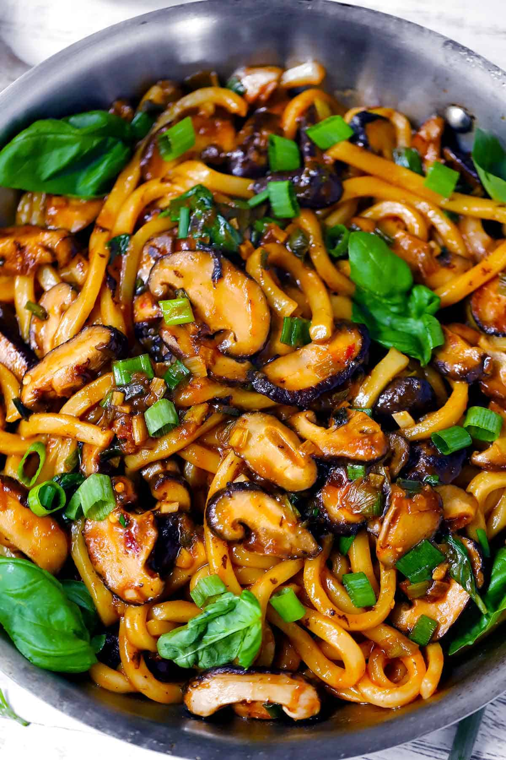Vegetarian Stir-Fried Udon Noodles with Shiitake Mushrooms and Snap Peas