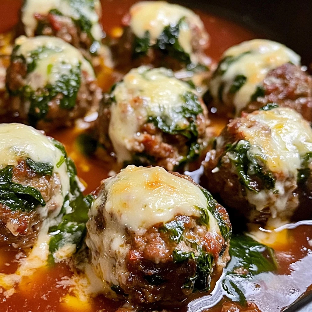 Cheese-Stuffed Meatballs with Spinach and Mozzarella