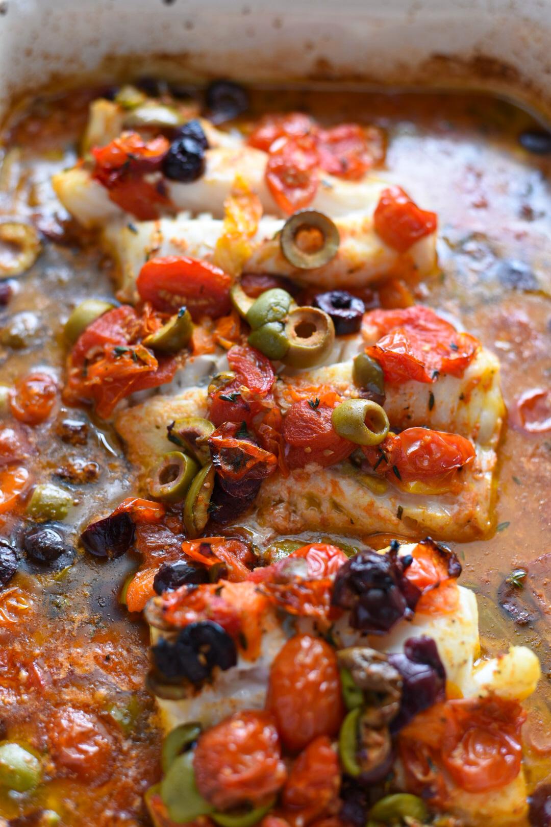 Baked Cod with Tomato-Olive Sauce and Feta