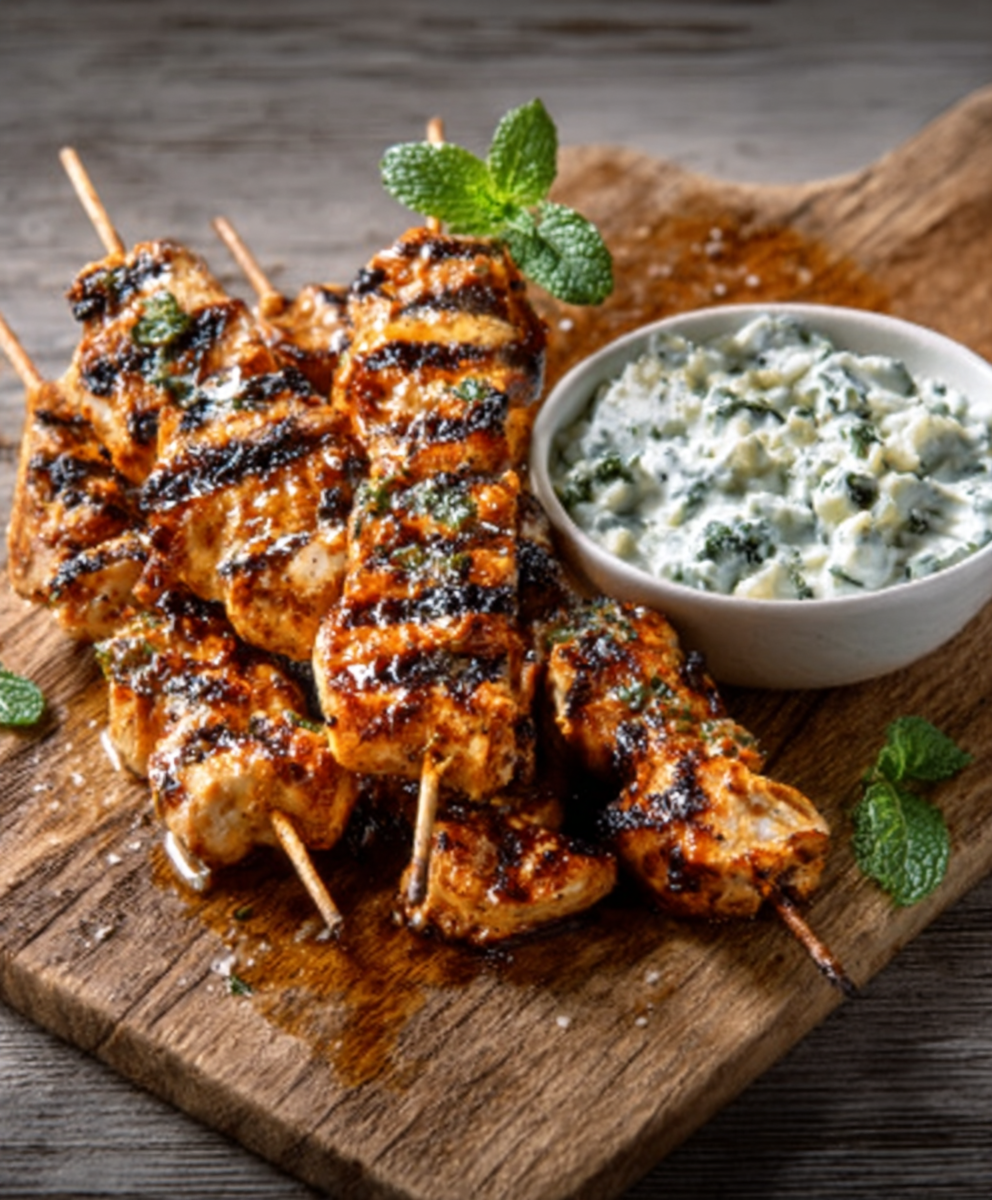 Grilled Citrus-Marinated Chicken Skewers with Mint Yogurt Sauce