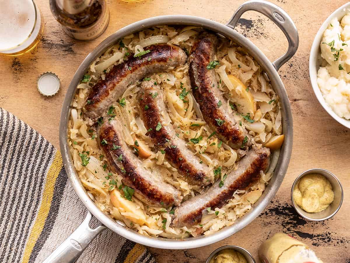 Sheet Pan German-Style Bratwurst with Beer-Braised Sauerkraut