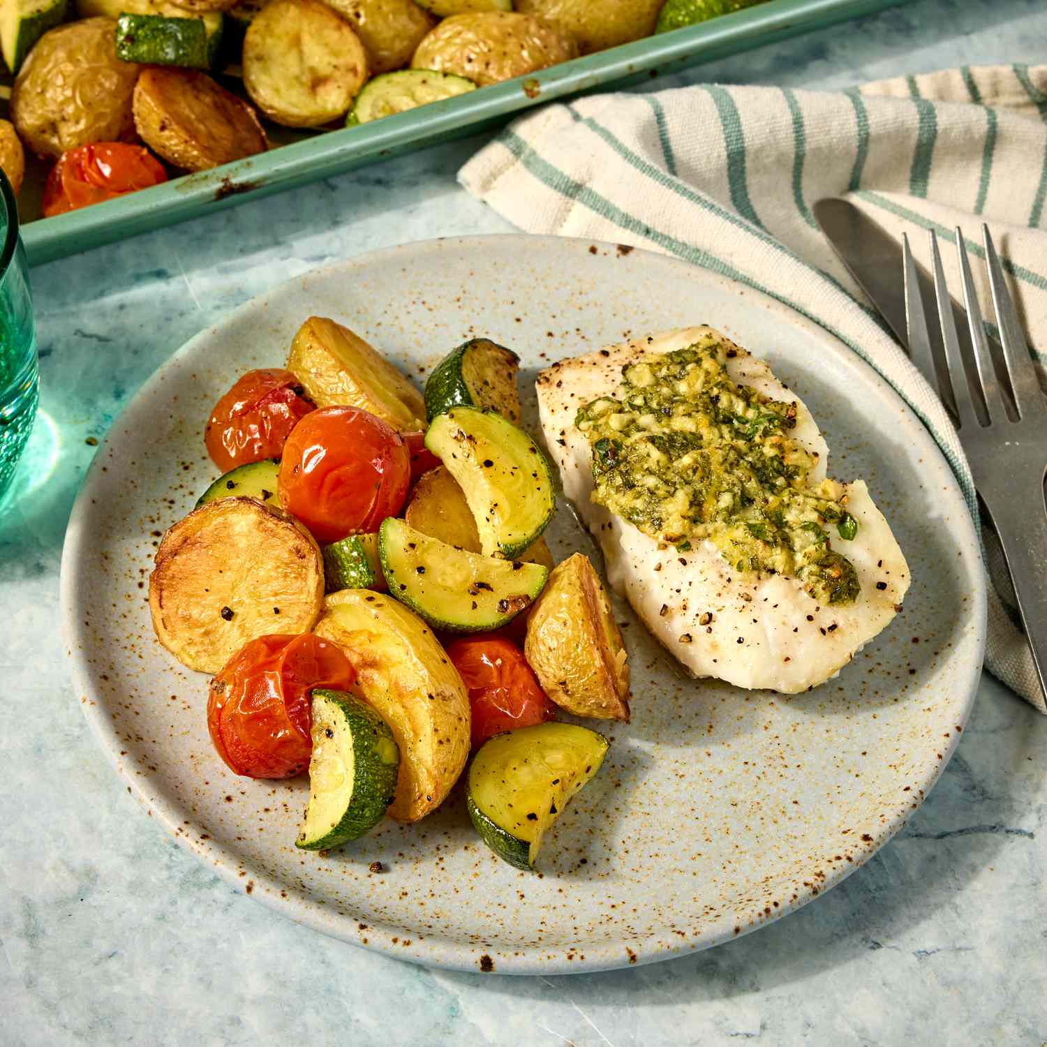 Baked Lemon-Garlic Cod with Roasted Mediterranean Vegetables