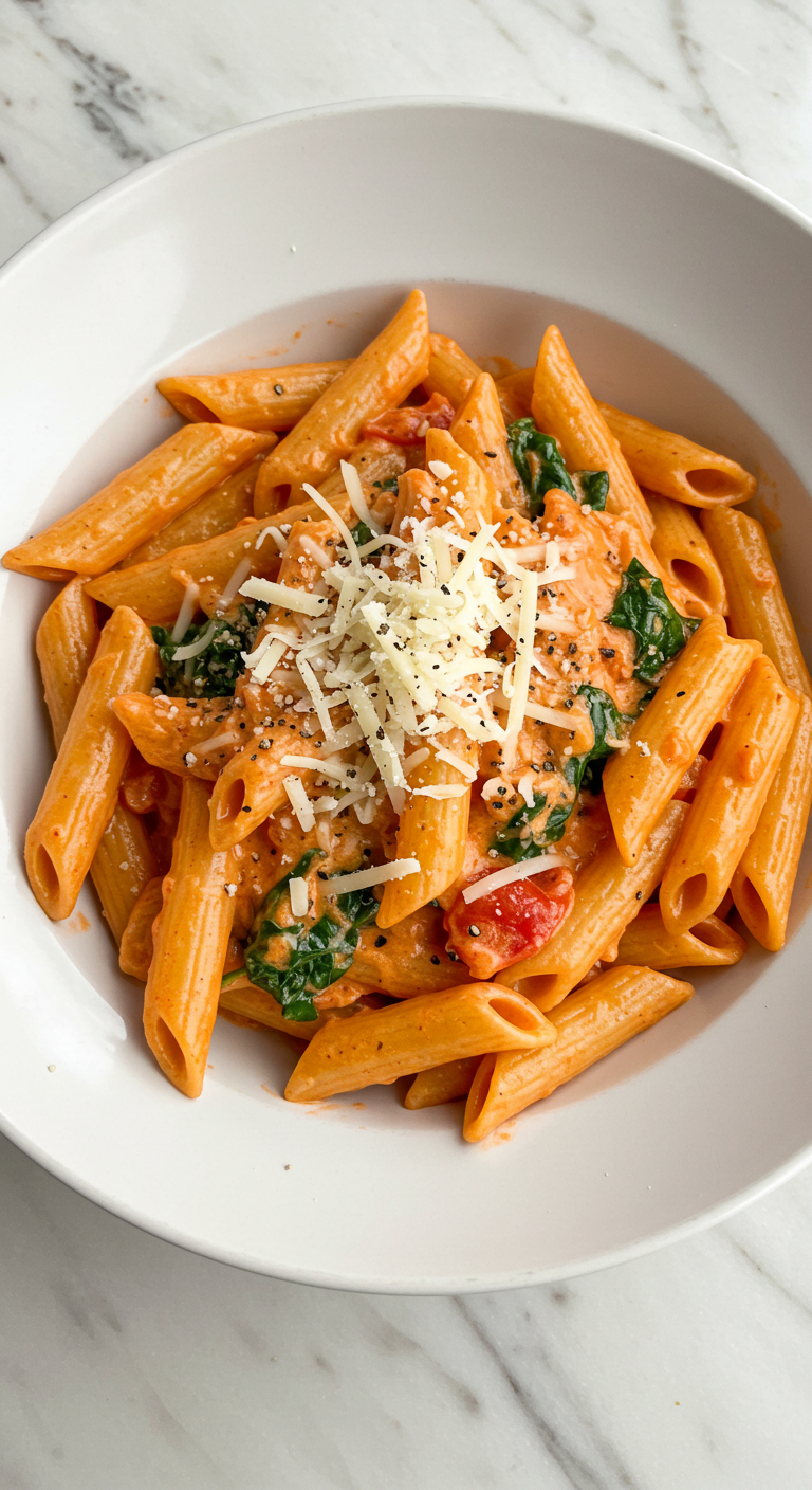 One-Pot Creamy Tomato Spinach Pasta with White Beans