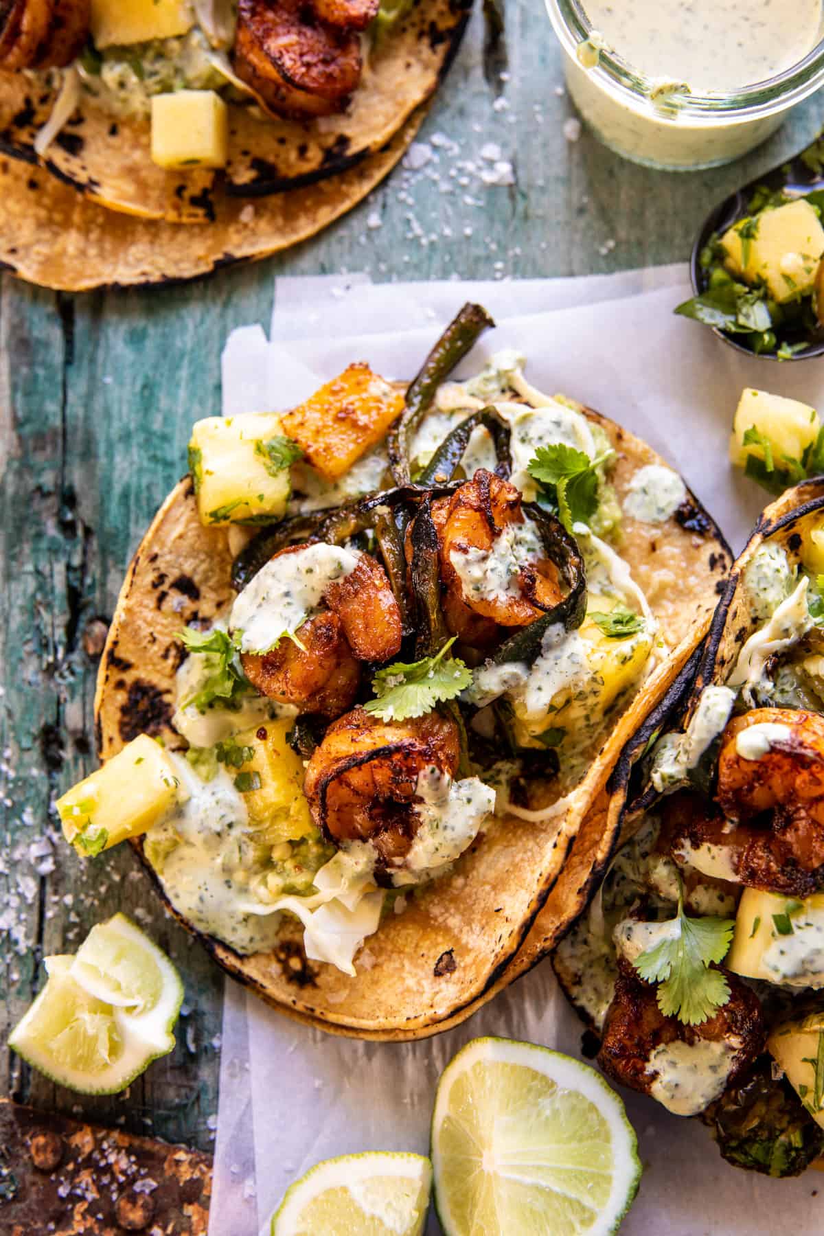 Grilled Poblano and Corn Tacos with Cilantro Lime Crema