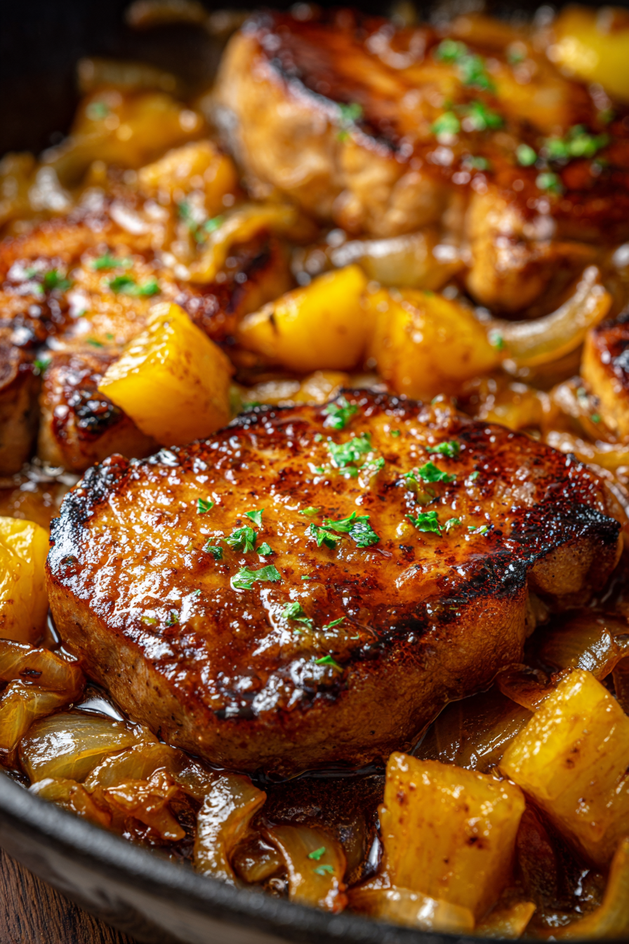 Pan-Seared Pork Chops with Honey-Mustard Glaze and Sautéed Spinach