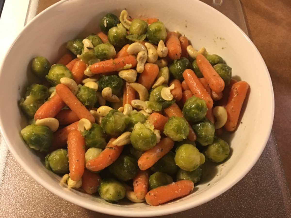 Pan-Seared Salmon with Roasted Brussels Sprouts and Carrot Medley