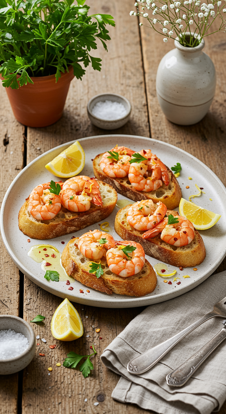 Sourdough Garlic Butter Shrimp Toasts with Herb Salad