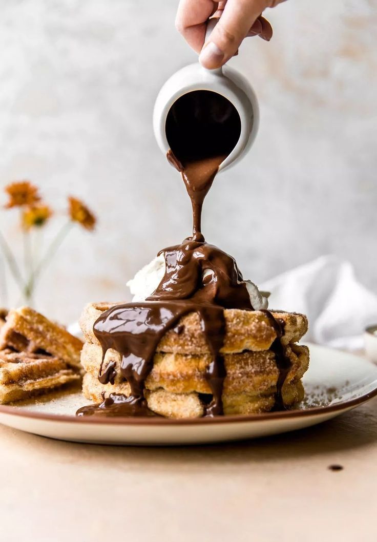 Chocolate Churro Waffles with Dulce de Leche Drizzle