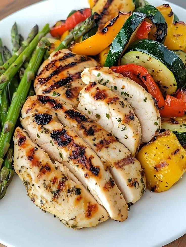 Grilled Lemon-Pepper Chicken with Charred Vegetables