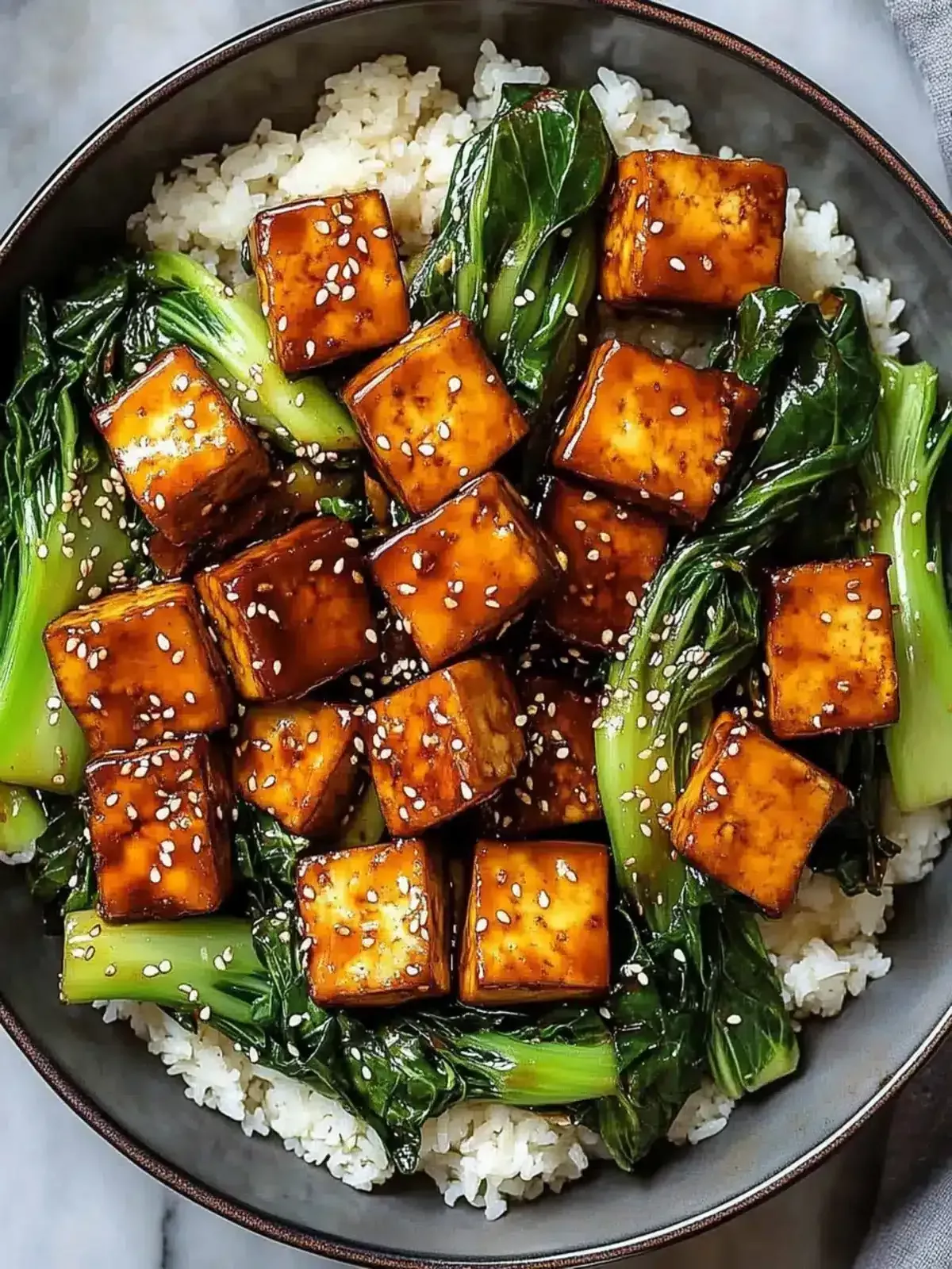 Pan-Fried Tofu with Garlic Soy Glaze and Stir-Fried Bok Choy