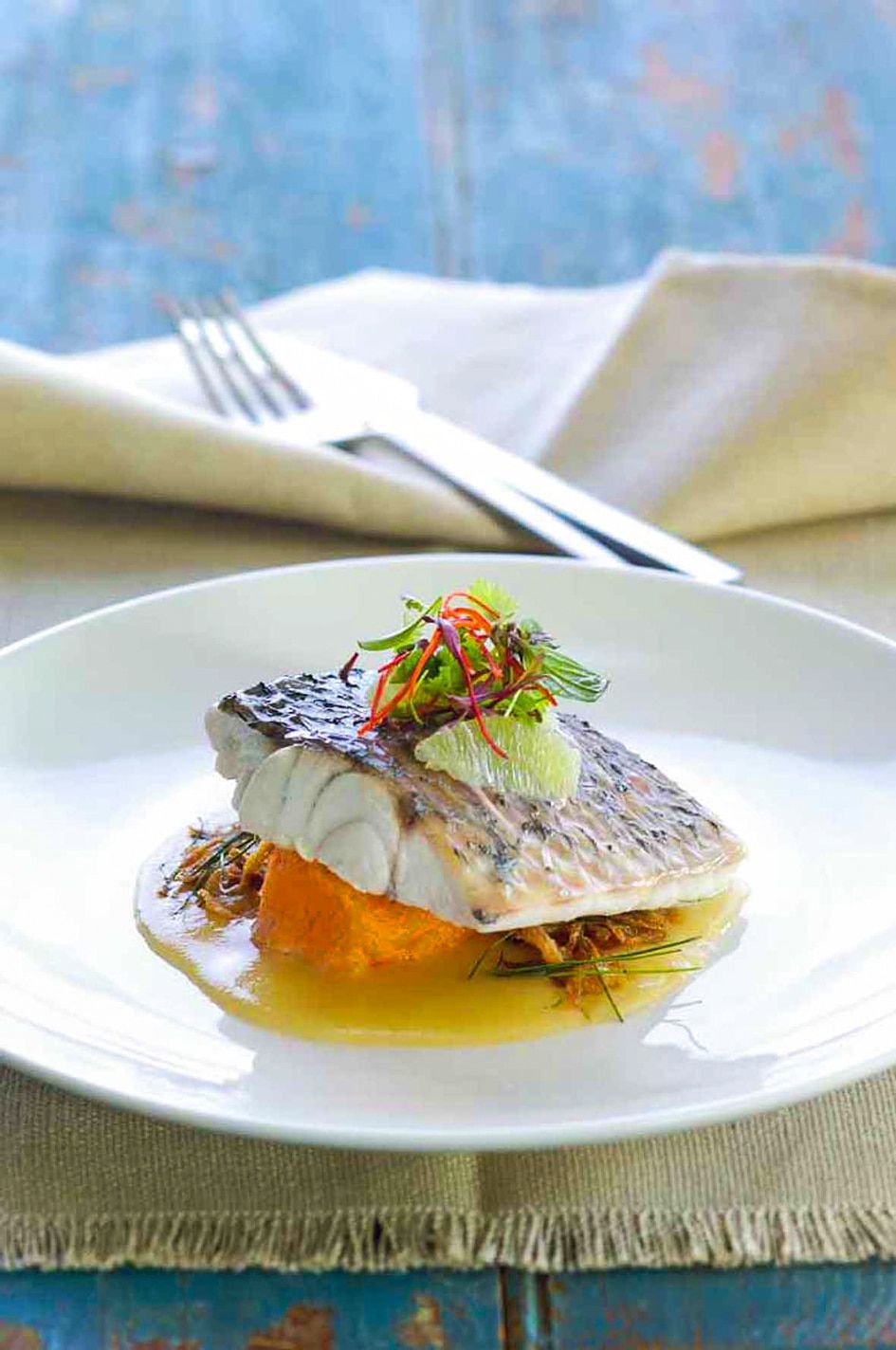 Slow-Cooked Barramundi with Finger Lime and Wattleseed Sauce