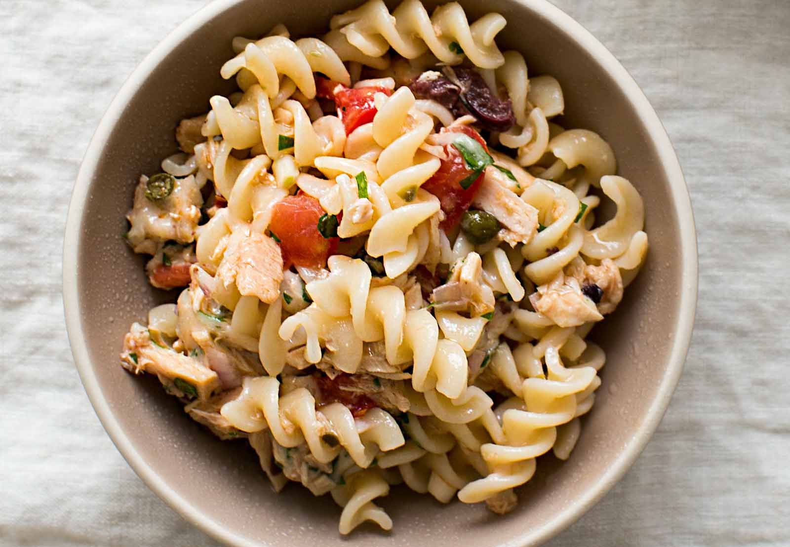 Mediterranean Tuna and Avocado Pasta with Lemon-Olive Oil Dressing