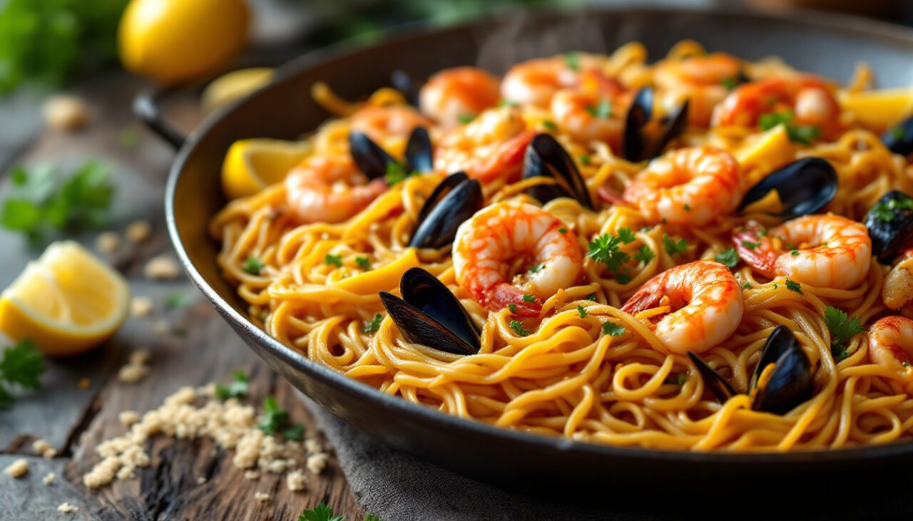 Seafood Fideuá with Saffron Vermicelli and Garlic Broth