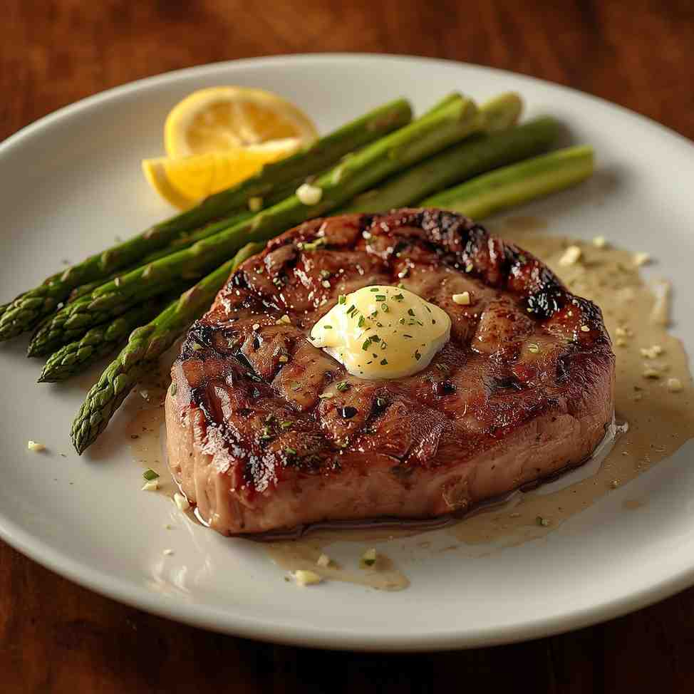 Butter-Basted Ribeye Steak with Garlic Asparagus