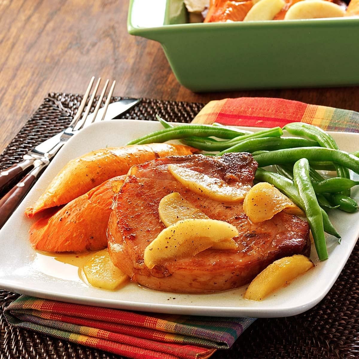 Pan-Seared Green Chile Pork Chops with Roasted Sweet Potatoes