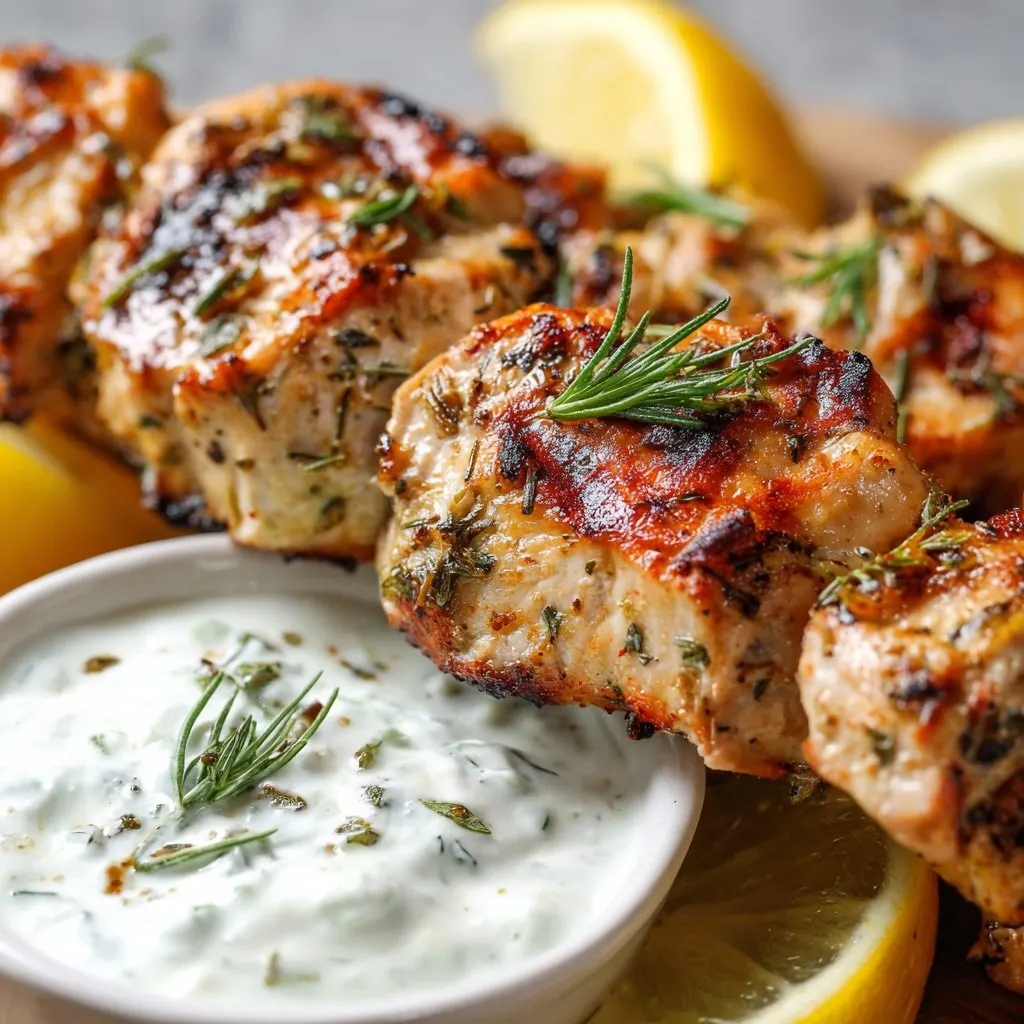 Grilled Citrus-Marinated Chicken Skewers with Herb Yogurt Dip