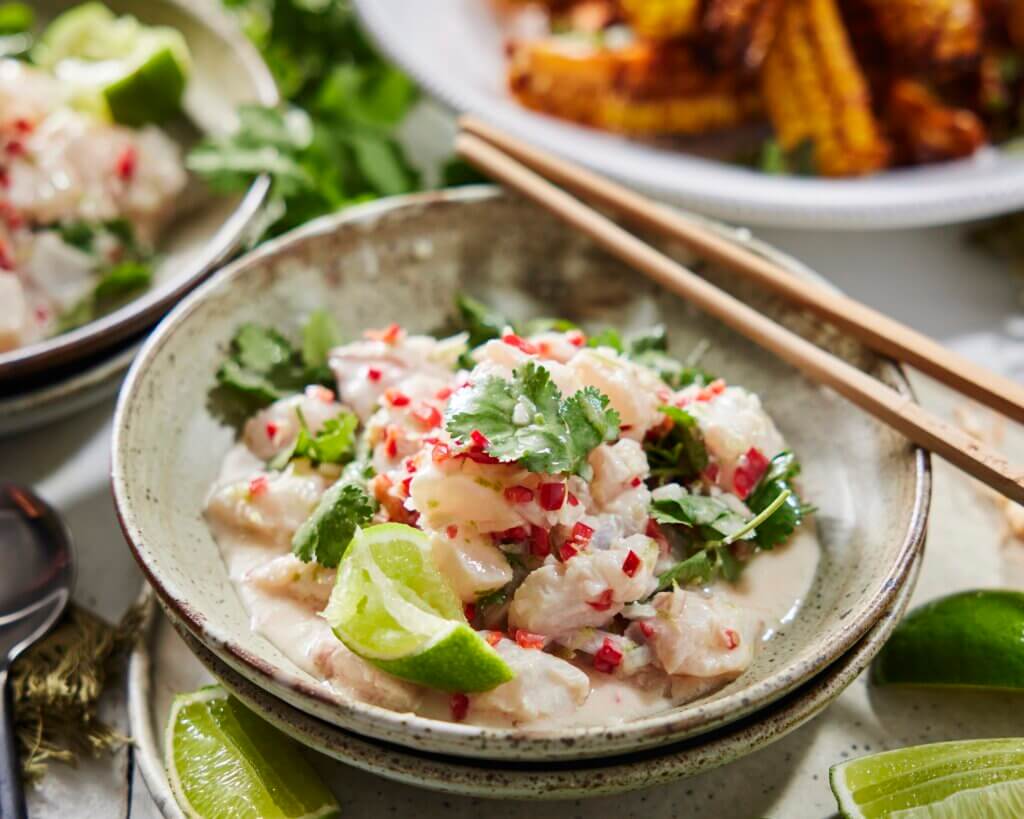 Tropical Barramundi Ceviche with Finger Lime and Macadamia
