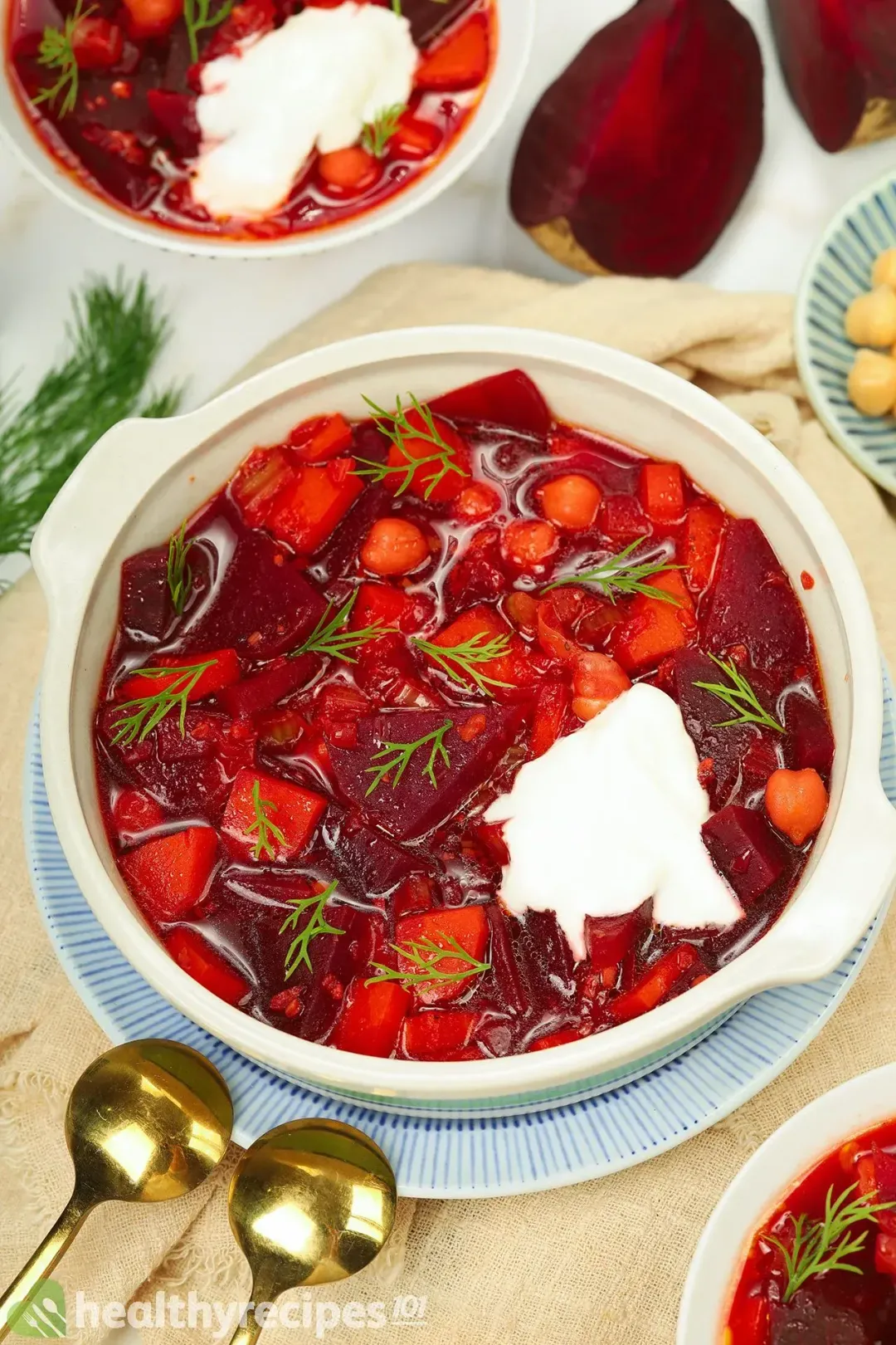 Layered Russian Beet Soup with Sour Cream Drizzle