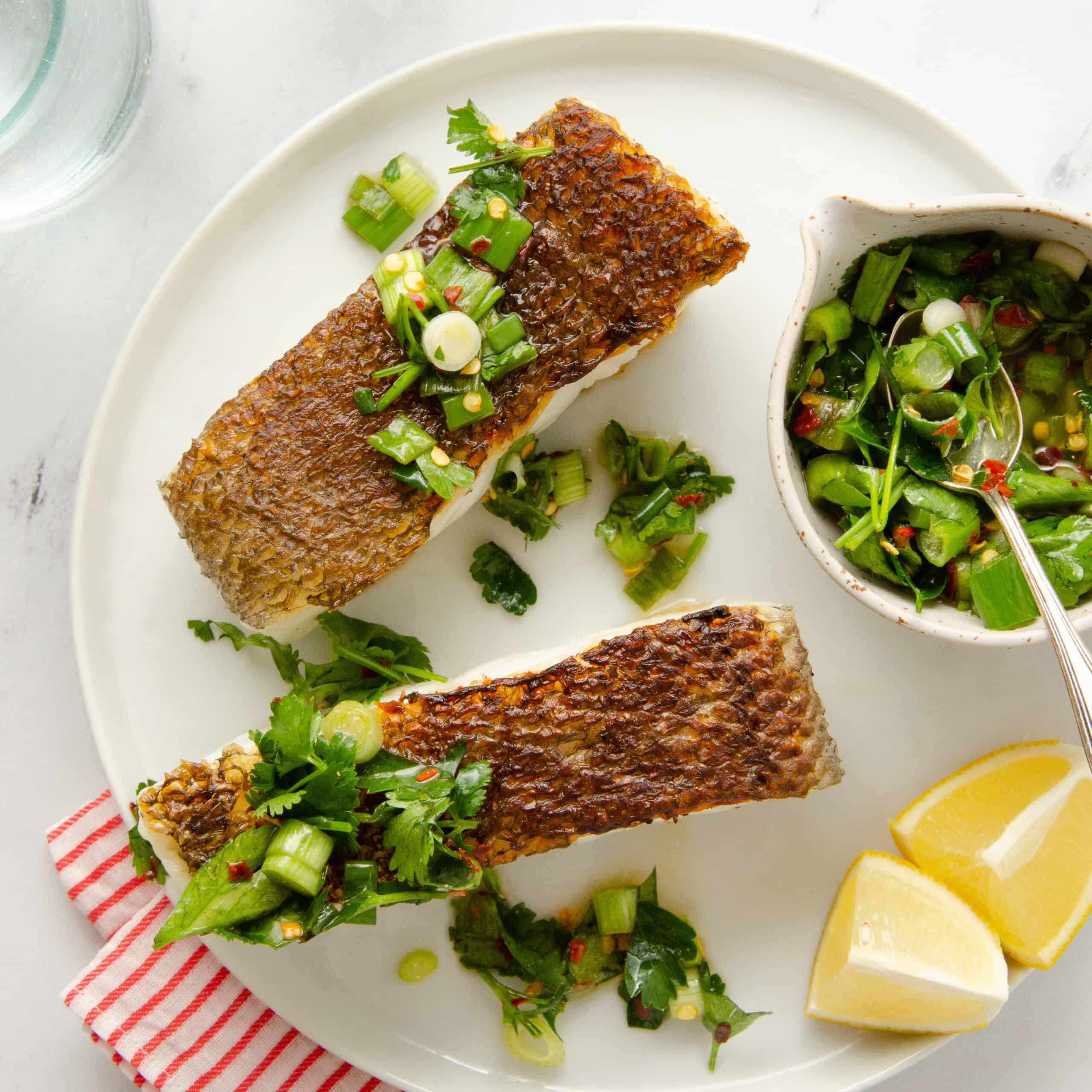 Pan-Seared Sea Bass with Regional Herb and Citrus Salsa Verde