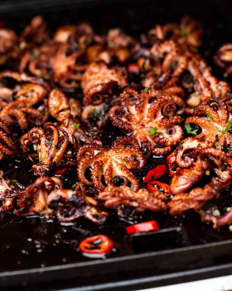 Skillet Sautéed Octopus with Tomato and Red Wine Reduction